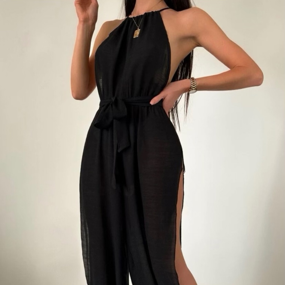 SXY Sheer Split Thigh Jumpsuit Cover w/ Belt